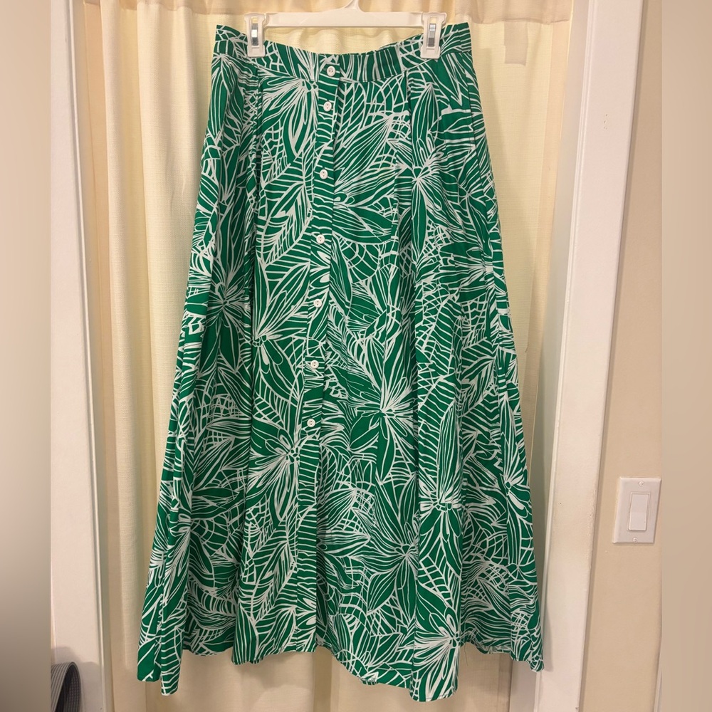 Green Floral Leaf Print Maxi Skirt